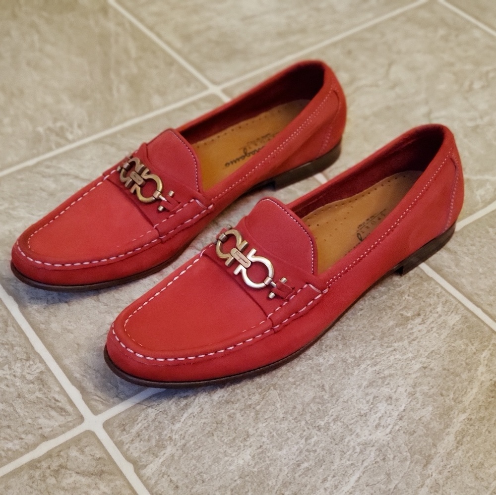 Red Salvatore Ferragamo Suede Leather Loafer Flats